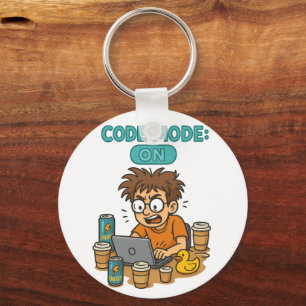 Funny Programmer Cartoon with "Code Mode: ON"  Keychain