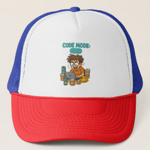 Funny Programmer Cartoon with "Code Mode: ON" Trucker Hat