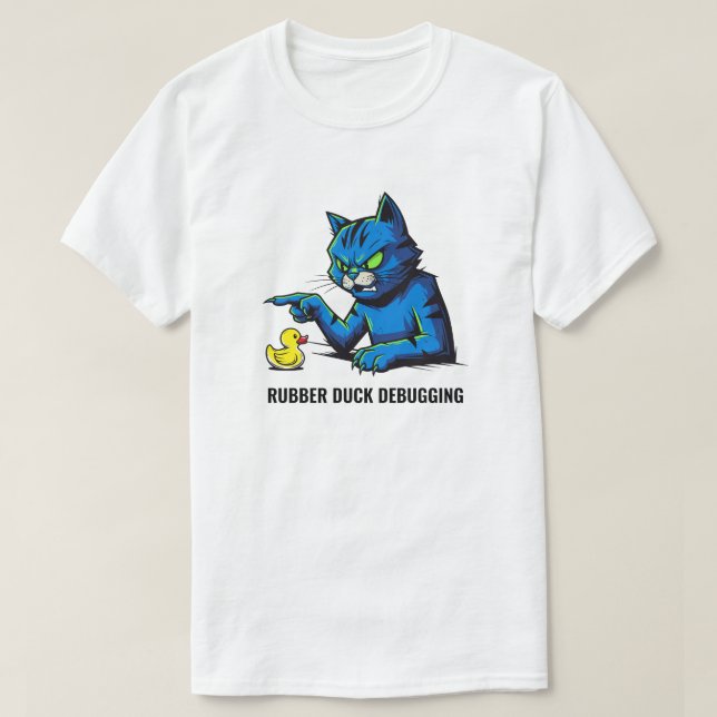 Funny Programmer Cat Rubber Duck Debugging Art T-Shirt (Design Front)