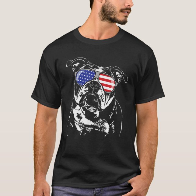 Funny Proud Old English Bulldog American Flag T-Shirt (Front)