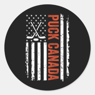 Funny Puck Canada Us Hockey Vintage American Flag  Classic Round Sticker