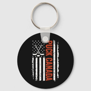 Funny Puck Canada Us Hockey Vintage American Flag Keychain