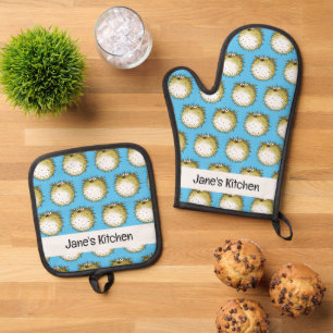 funny puffer fish (name) oven mitt & pot holder set