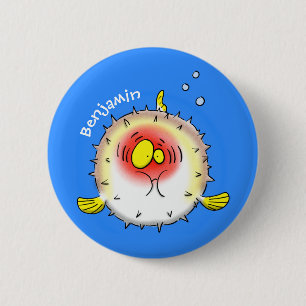 Funny puffer fish porcupine fish cartoon 2 inch round button