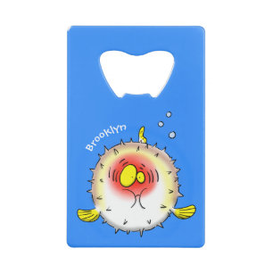 Funny puffer fish porcupine fish cartoon credit card bottle opener