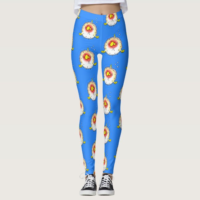 Funny puffer fish porcupine fish cartoon leggings (Front)