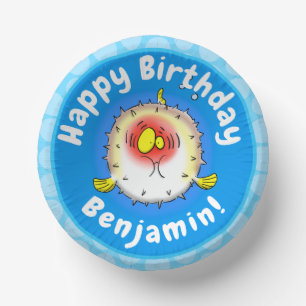 Funny puffer fish porcupine fish cartoon paper plate