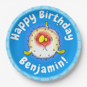 Funny puffer fish porcupine fish cartoon paper plate