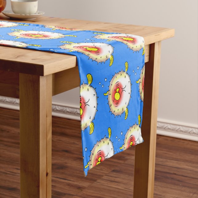 Funny puffer fish porcupine fish cartoon short table runner (In Situ)