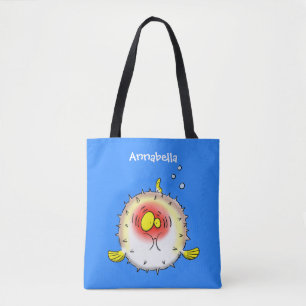 Funny puffer fish porcupine fish cartoon tote bag