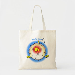 Funny puffer fish porcupine fish cartoon tote bag