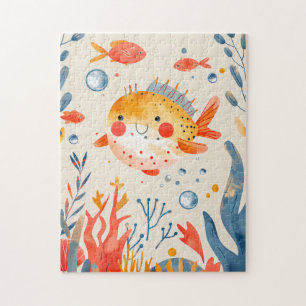 Funny Pufferfish near Vibrant Reef Jigsaw Puzzle