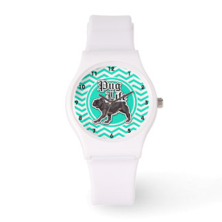 Funny Pug; Aqua Chevron Watch