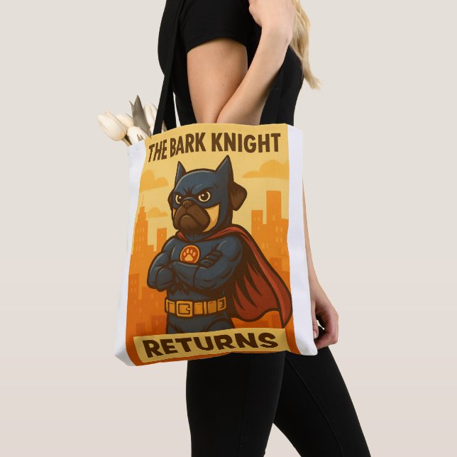 - Funny Pug Art in Cape – Marvel-Inspired Dog  Tote Bag (Close Up)