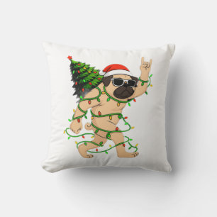 Funny Pug Christmas Lights Tree – Cute Xmas Throw Pillow