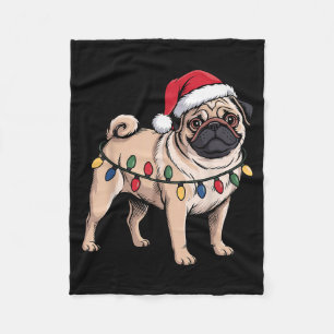 Funny Pug Christmas Santa Hat Xmas Lights  Fleece Blanket