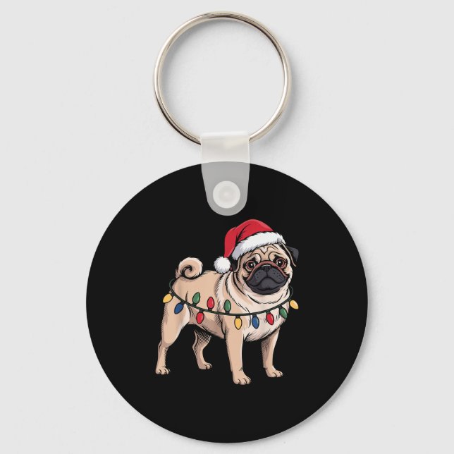 Funny Pug Christmas Santa Hat Xmas Lights  Keychain (Front)