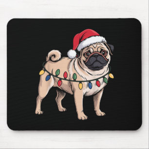 Funny Pug Christmas Santa Hat Xmas Lights  Mouse Pad