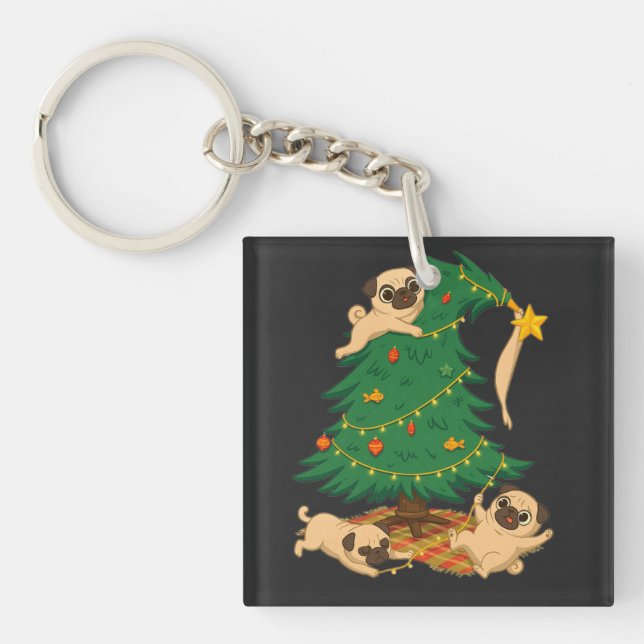 Funny Pug Christmas Tree Chaos Gift Keychain (Front)
