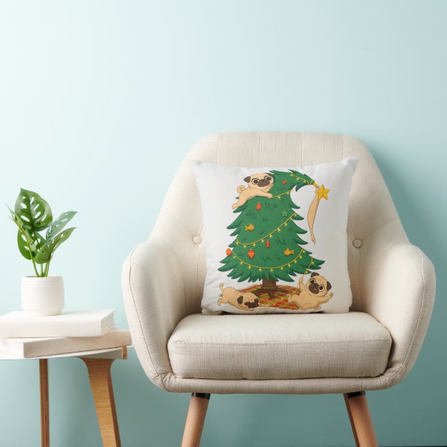 Funny Pug Christmas Tree Chaos Gift Throw Pillow (Chair)