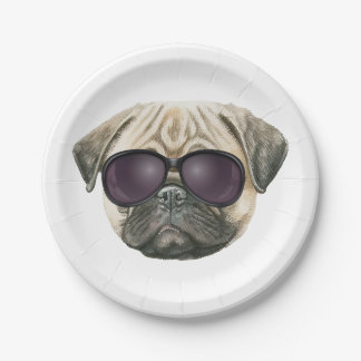 Funny pug, Cute french bulldog with glasses Paper Plate