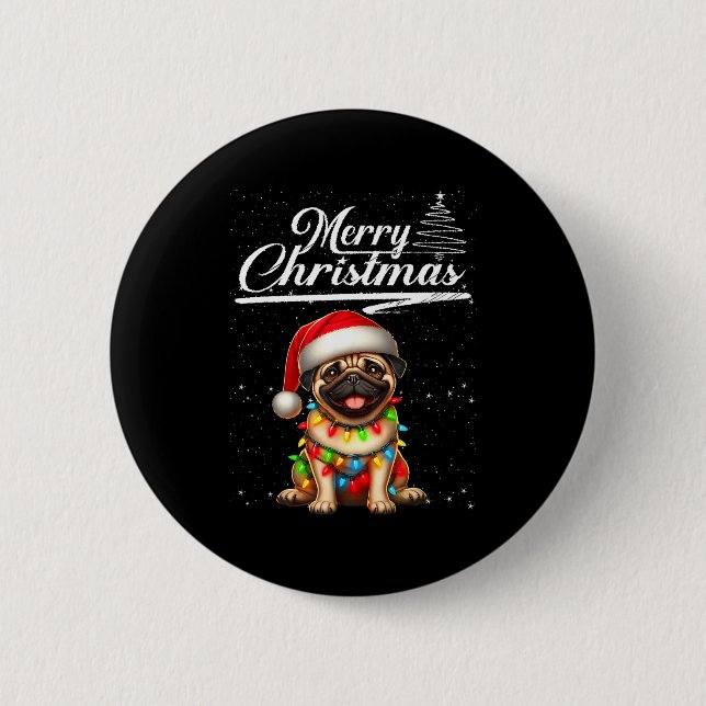 Funny Pug Dog Christmas Lights Santa Hat Candy Can 2 Inch Round Button (Front)