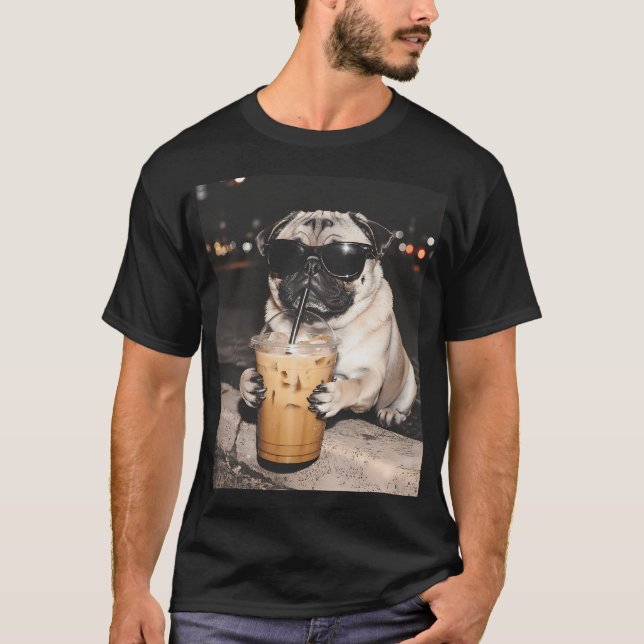 Funny Pug Dog Drinking Iced Coffee T-Shirt (Front)