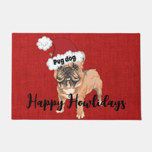 Funny pug dog happy howlidays red burlap festive doormat