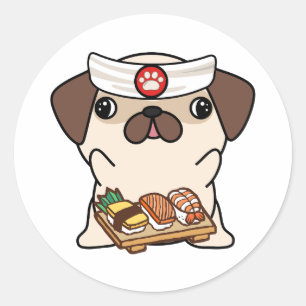 Funny pug dog is a sushi chef classic round sticker