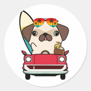 Funny Pug Dog is driving to the beach Classic Round Sticker