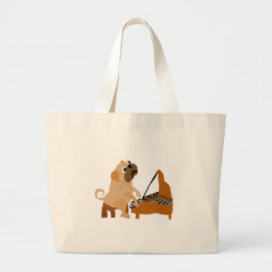 Funny Pug Dog Playing Piano Large Tote Bag