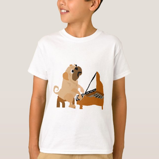 Funny Pug Dog Playing Piano T-Shirt (Front)