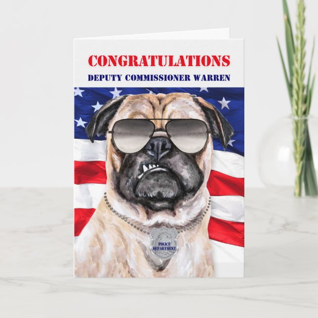 Funny Pug Dog Police Department Promotion Card (Front)