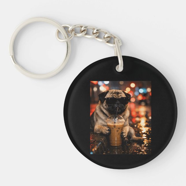 Funny Pug Drinking Iced Coffee Cute Dog Lover Gift Keychain (Front)