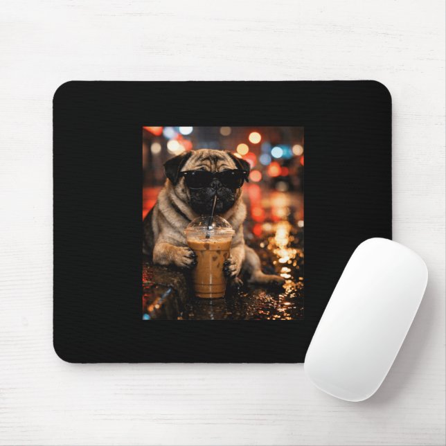 Funny Pug Drinking Iced Coffee Cute Dog Lover Gift Mouse Pad (With Mouse)