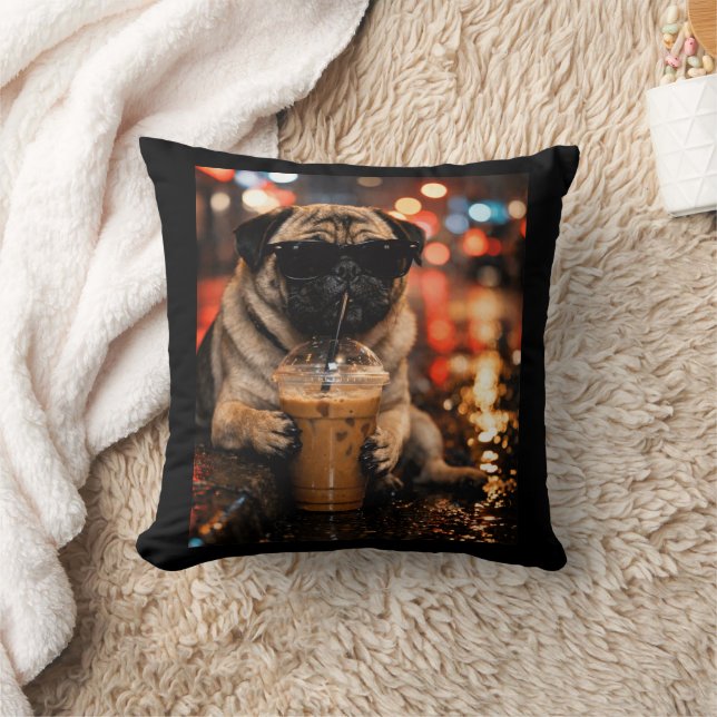 Funny Pug Drinking Iced Coffee Cute Dog Lover Gift Throw Pillow (Blanket)