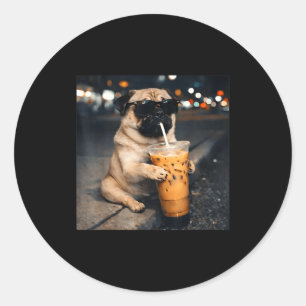 Funny pug drinking iced coffee cute dog meme humor classic round sticker