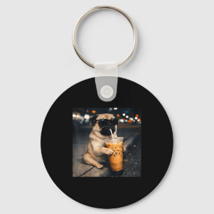 Funny pug drinking iced coffee cute dog meme humor keychain