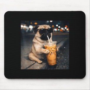 Funny pug drinking iced coffee cute dog meme humor mouse pad