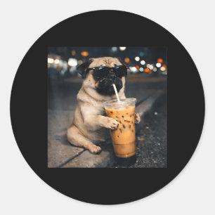 Funny Pug Drinking Iced Coffee Cute Dog Meme Humou Classic Round Sticker