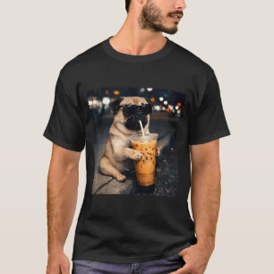 Funny pug drinking iced coffee cute dog meme humou T-Shirt