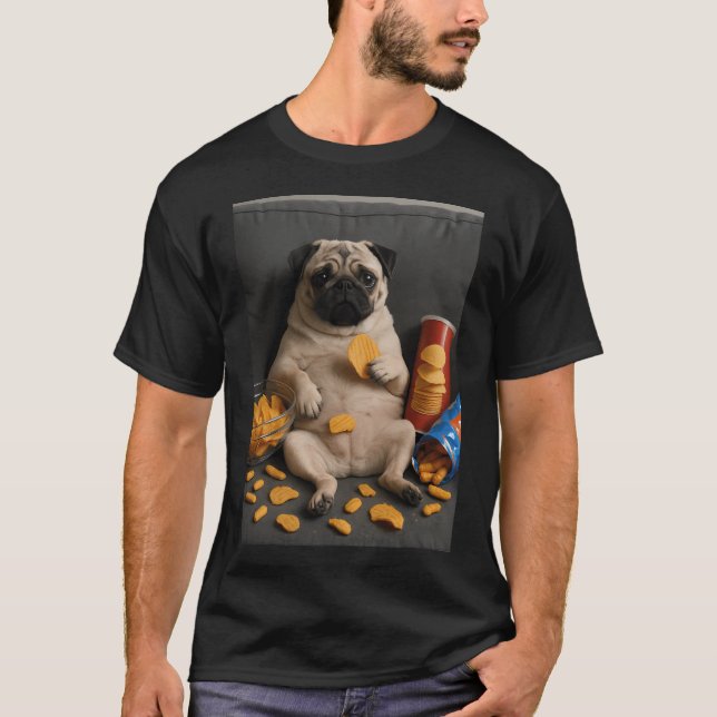 funny pug eating chips T-Shirt (Front)
