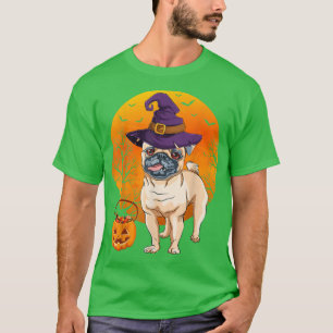 Funny Pug Moon Halloween Witch Hat Pug Dog Owner L T-Shirt