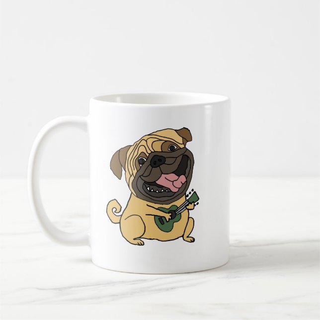 Funny Pug Playing Ukulele Cartoon Coffee Mug (Left)