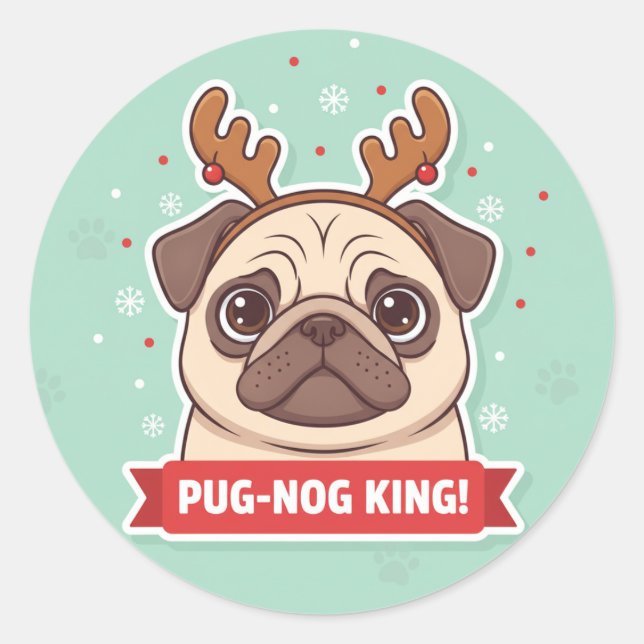 Funny Pug Reindeer Holiday Sticker (Front)