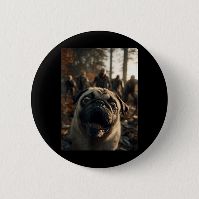 Funny Pug Selfie With Zombies Spooky Forest 2 Inch Round Button (Front)