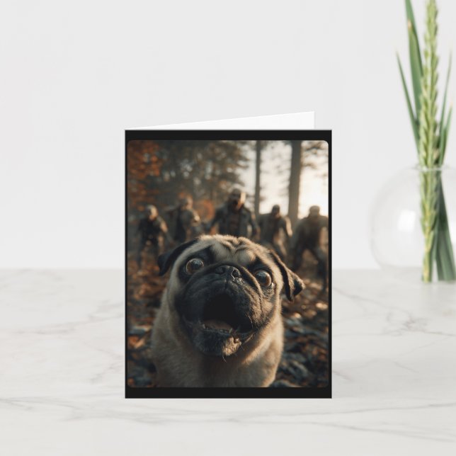 Funny Pug Selfie With Zombies Spooky Forest Card (Front)