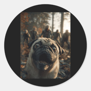 Funny Pug Selfie With Zombies Spooky Forest Classic Round Sticker