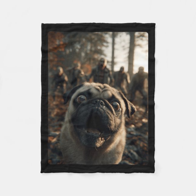 Funny Pug Selfie With Zombies Spooky Forest Fleece Blanket (Front)