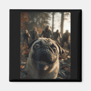 Funny Pug Selfie With Zombies Spooky Forest Magnet